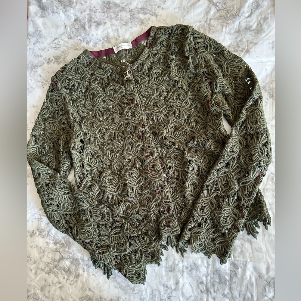 Roberto Colina  Olive Green Woman Crochet Vest Long Sleeve Wool blend Sz M   13